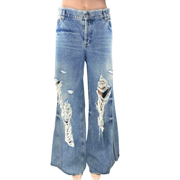 Ser.O.Ya Womens Blue High Waisted Distressed Wide Leg Baggy Denim Jeans Pants 31 - Picture 1 of 5